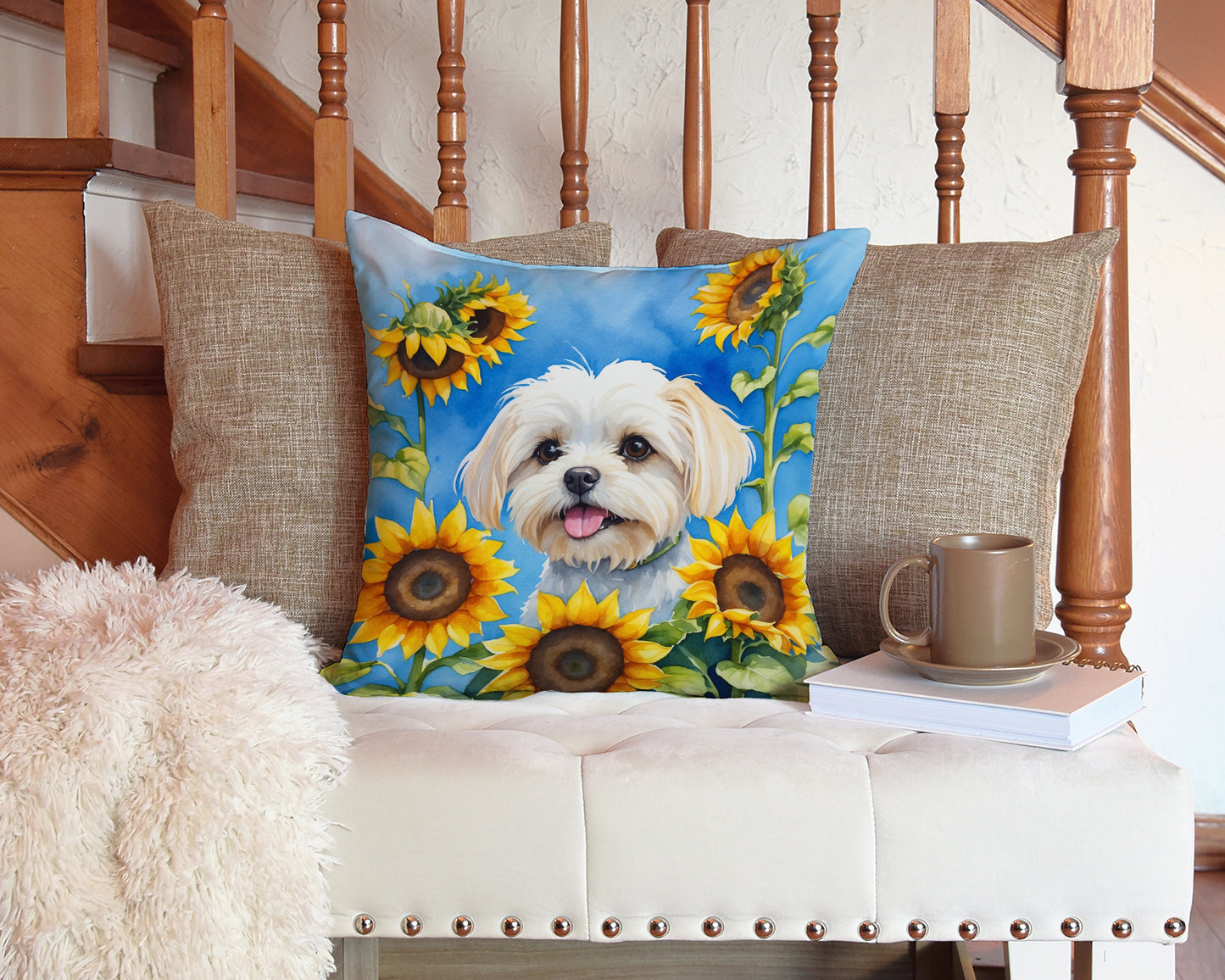 Maltese in Sunflowers Throw Pillow