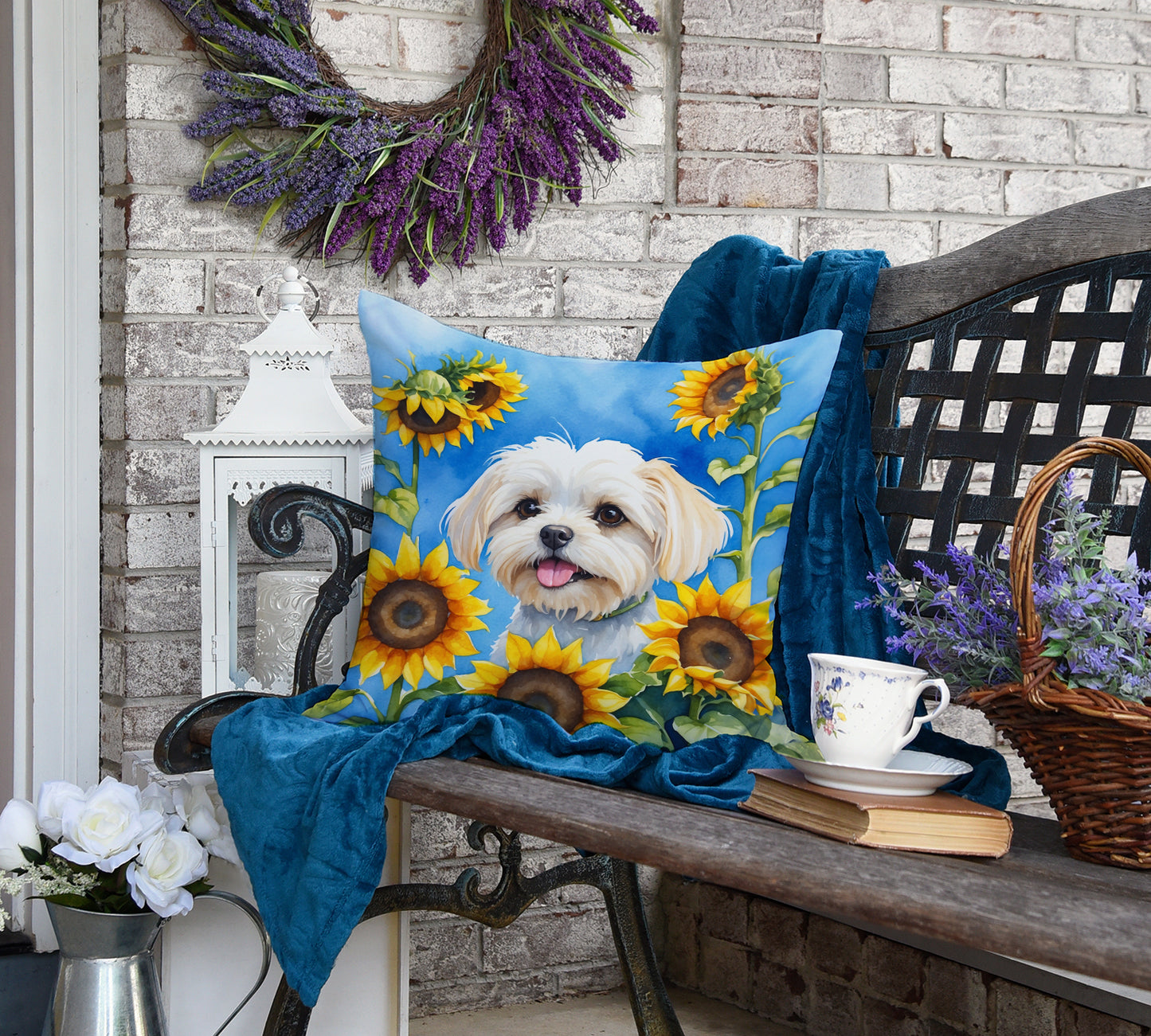 Maltese in Sunflowers Throw Pillow