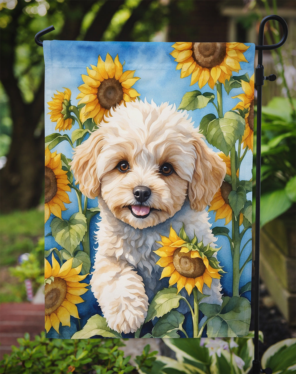 Maltipoo in Sunflowers Garden Flag