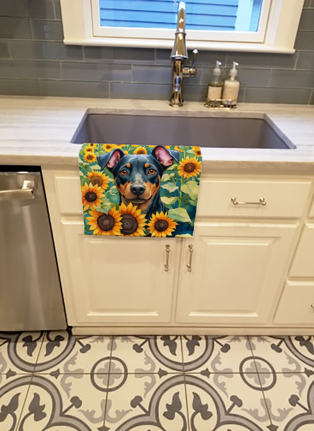Manchester Terrier in Sunflowers Kitchen Towel