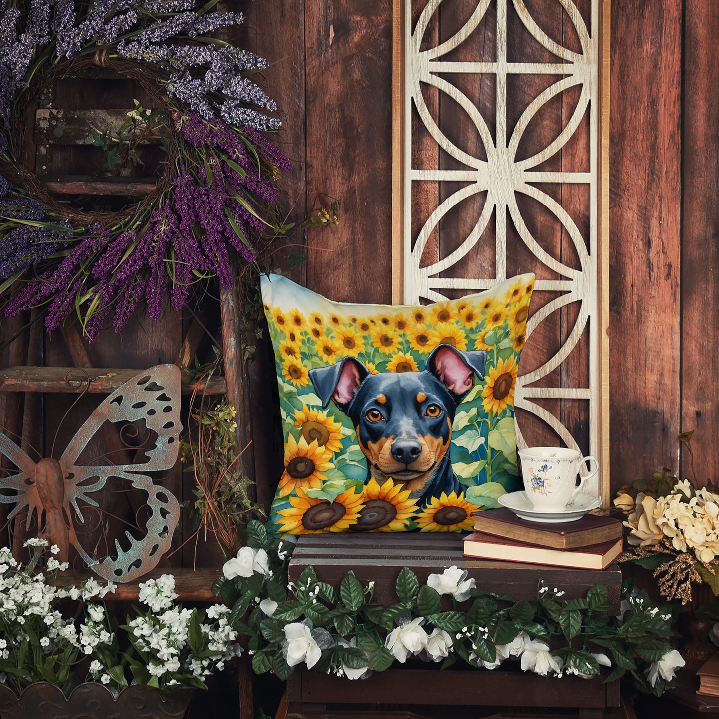 Manchester Terrier in Sunflowers Throw Pillow