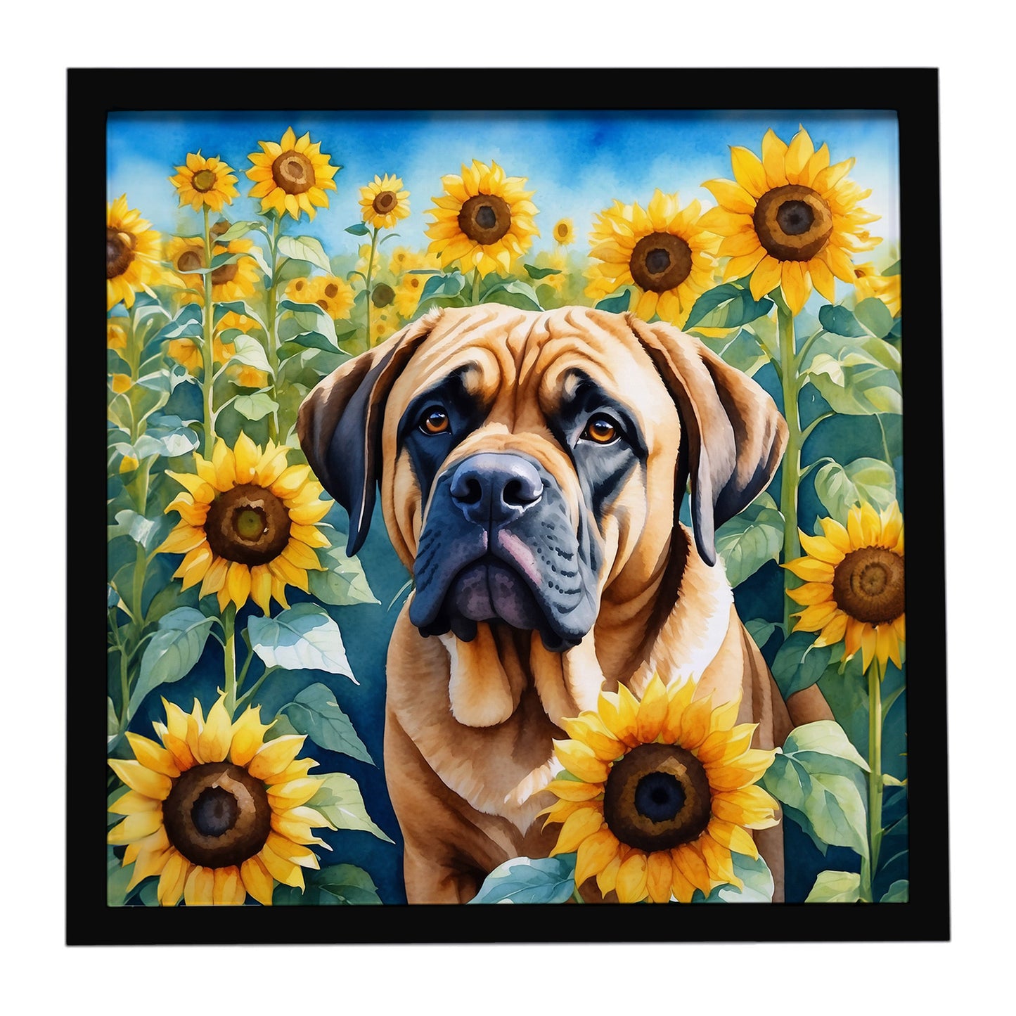 Buy this Mastiff in Sunflowers Framed Metal Print