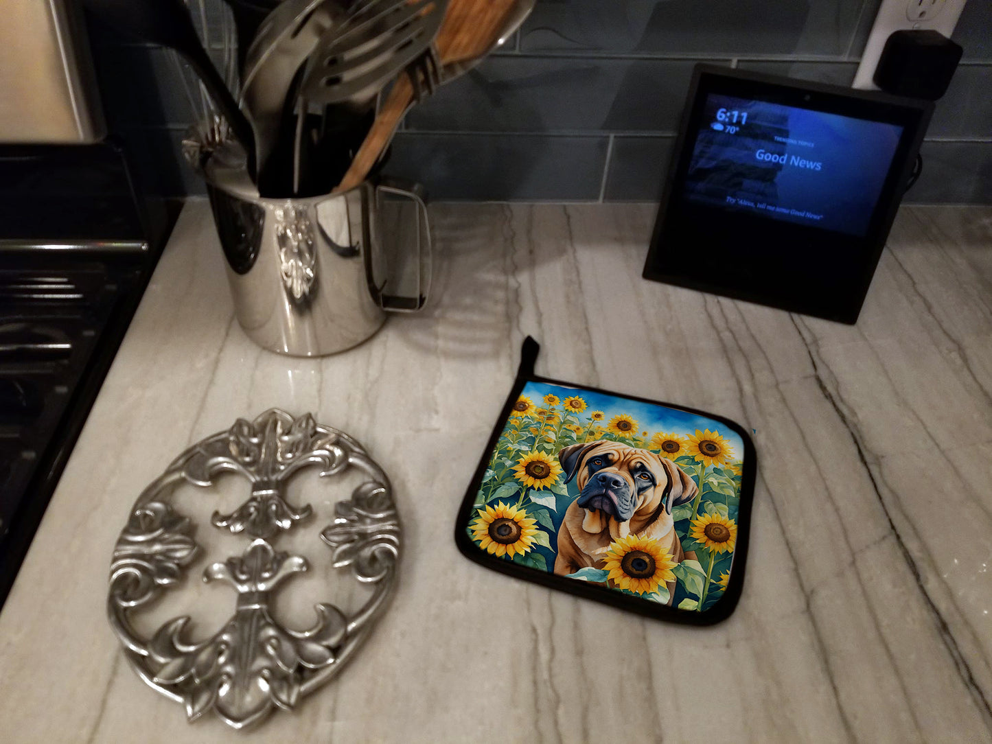 Mastiff in Sunflowers Pair of Pot Holders