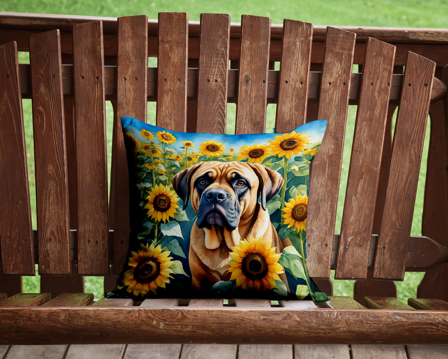 Mastiff in Sunflowers Throw Pillow