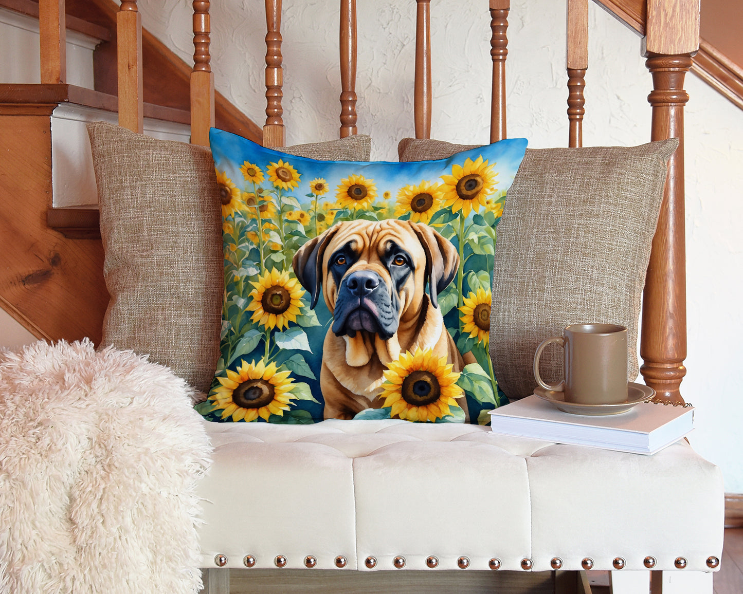 Mastiff in Sunflowers Throw Pillow