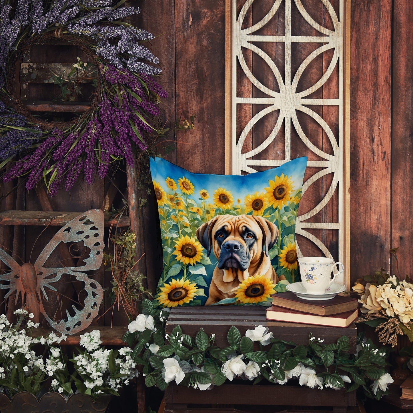 Mastiff in Sunflowers Throw Pillow