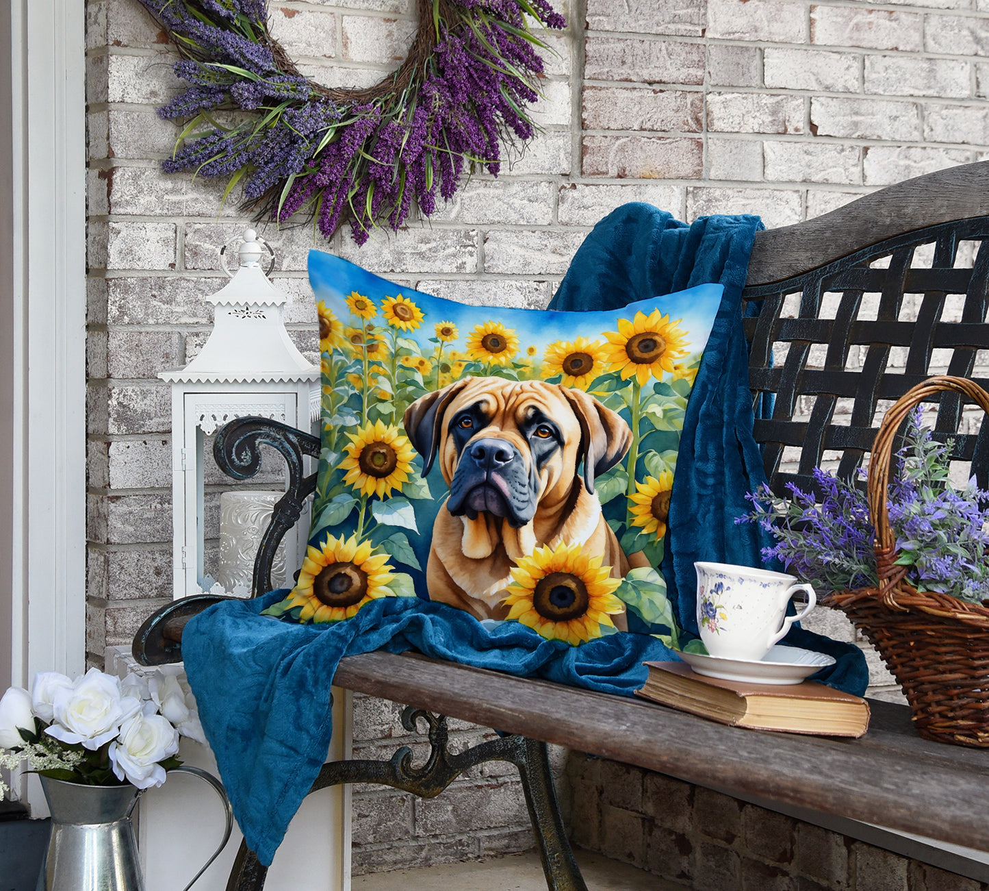 Mastiff in Sunflowers Throw Pillow