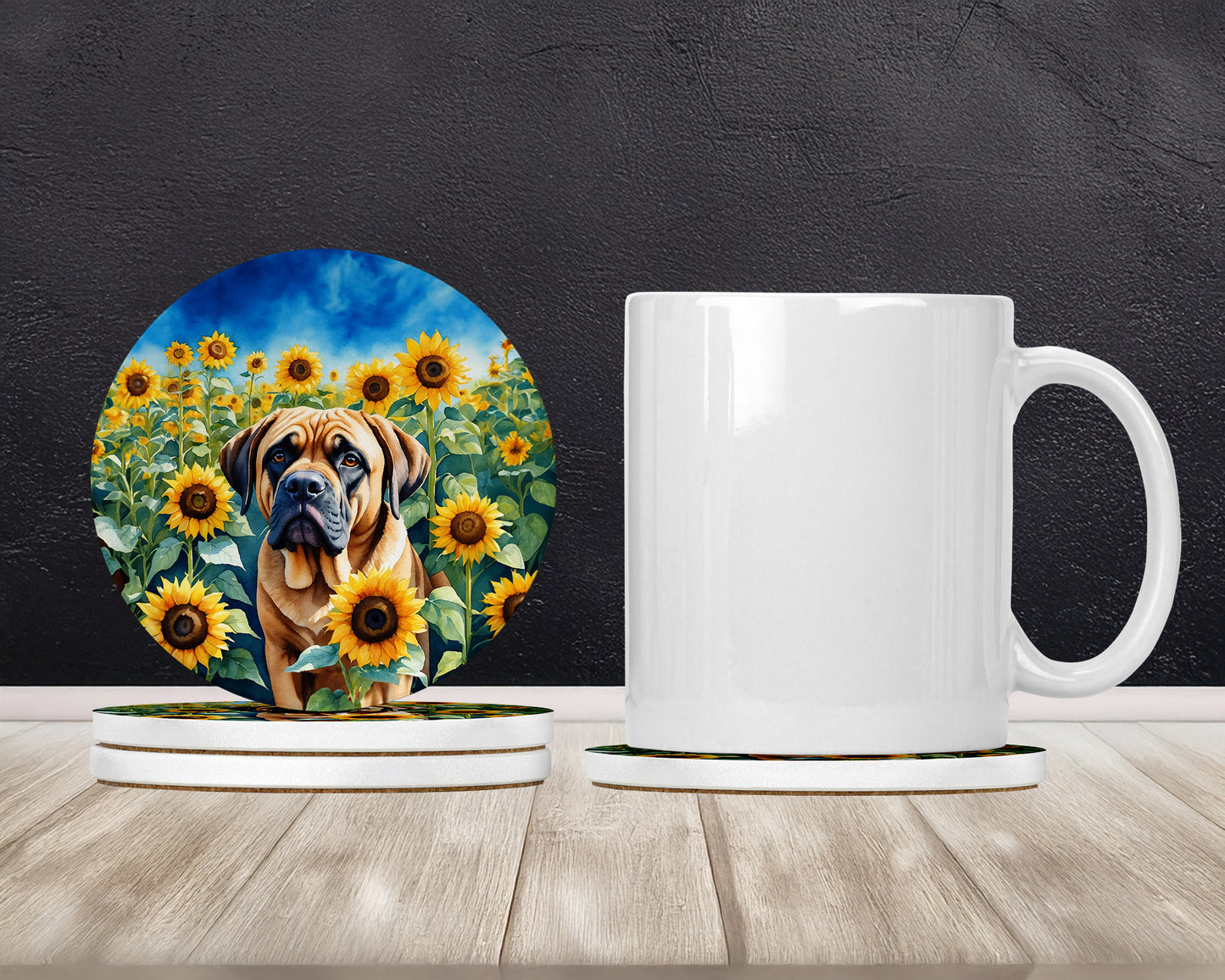 Mastiff in Sunflowers Large Sandstone Coasters Pack of 4