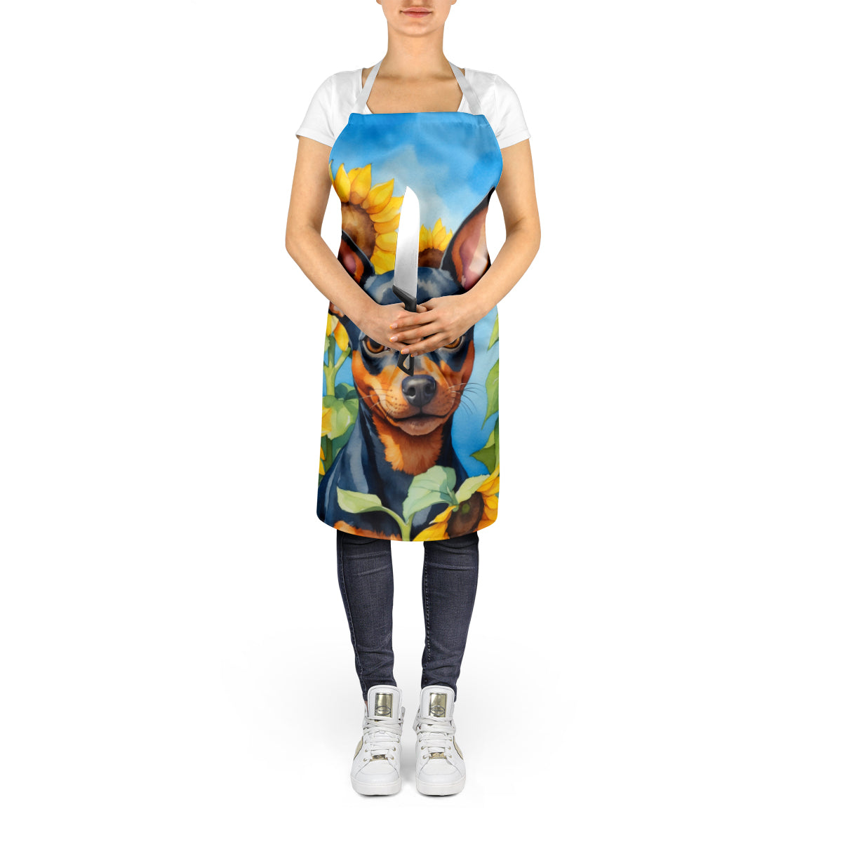 Miniature Pinscher in Sunflowers Apron