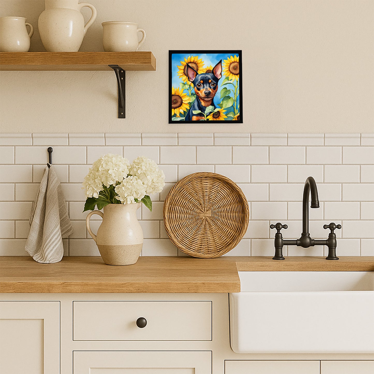 Miniature Pinscher in Sunflowers Framed Metal Print