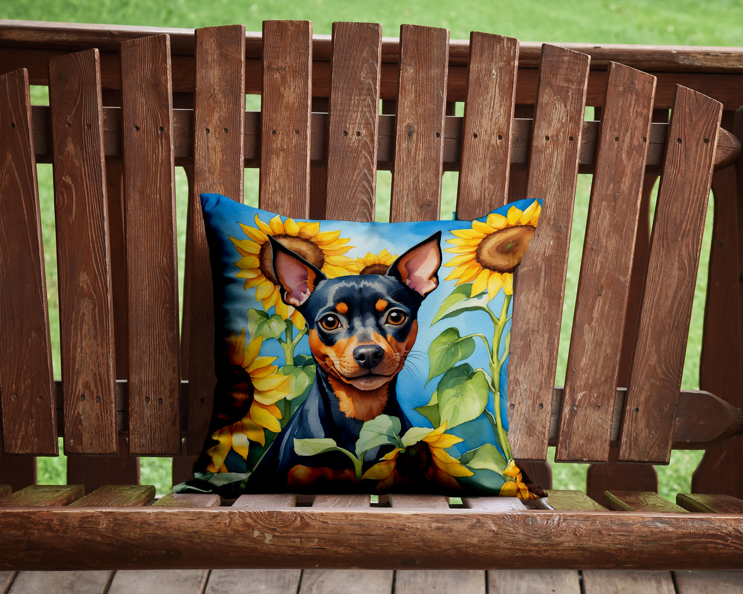 Miniature Pinscher in Sunflowers Throw Pillow