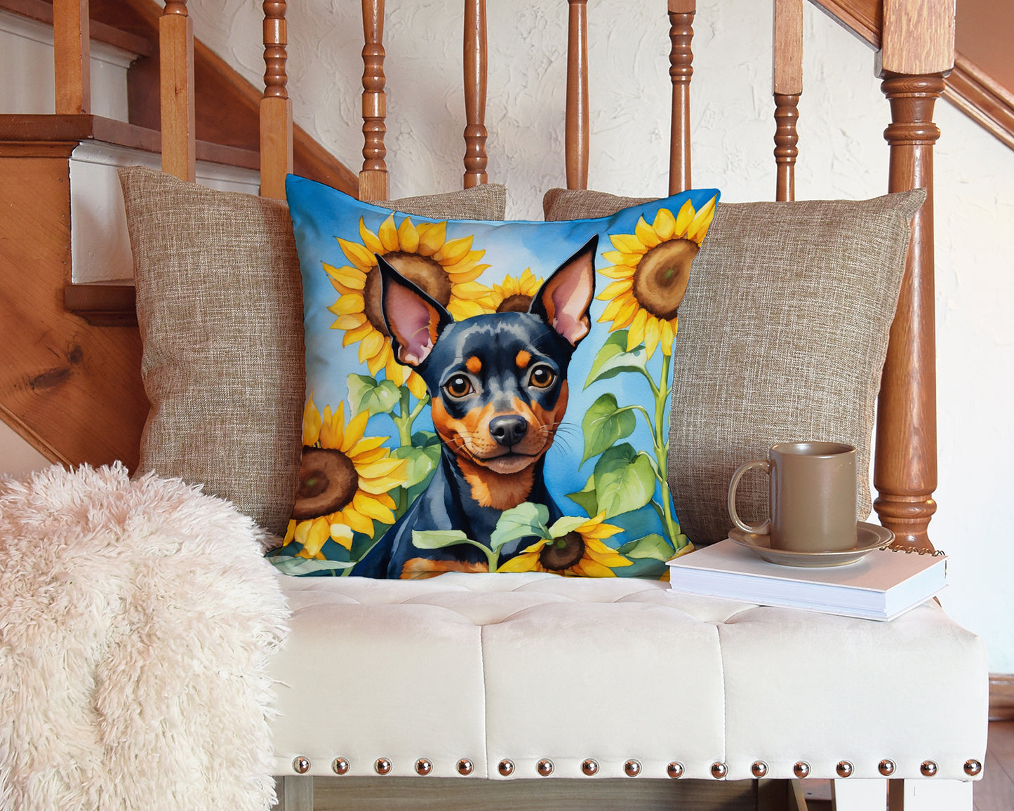 Miniature Pinscher in Sunflowers Throw Pillow