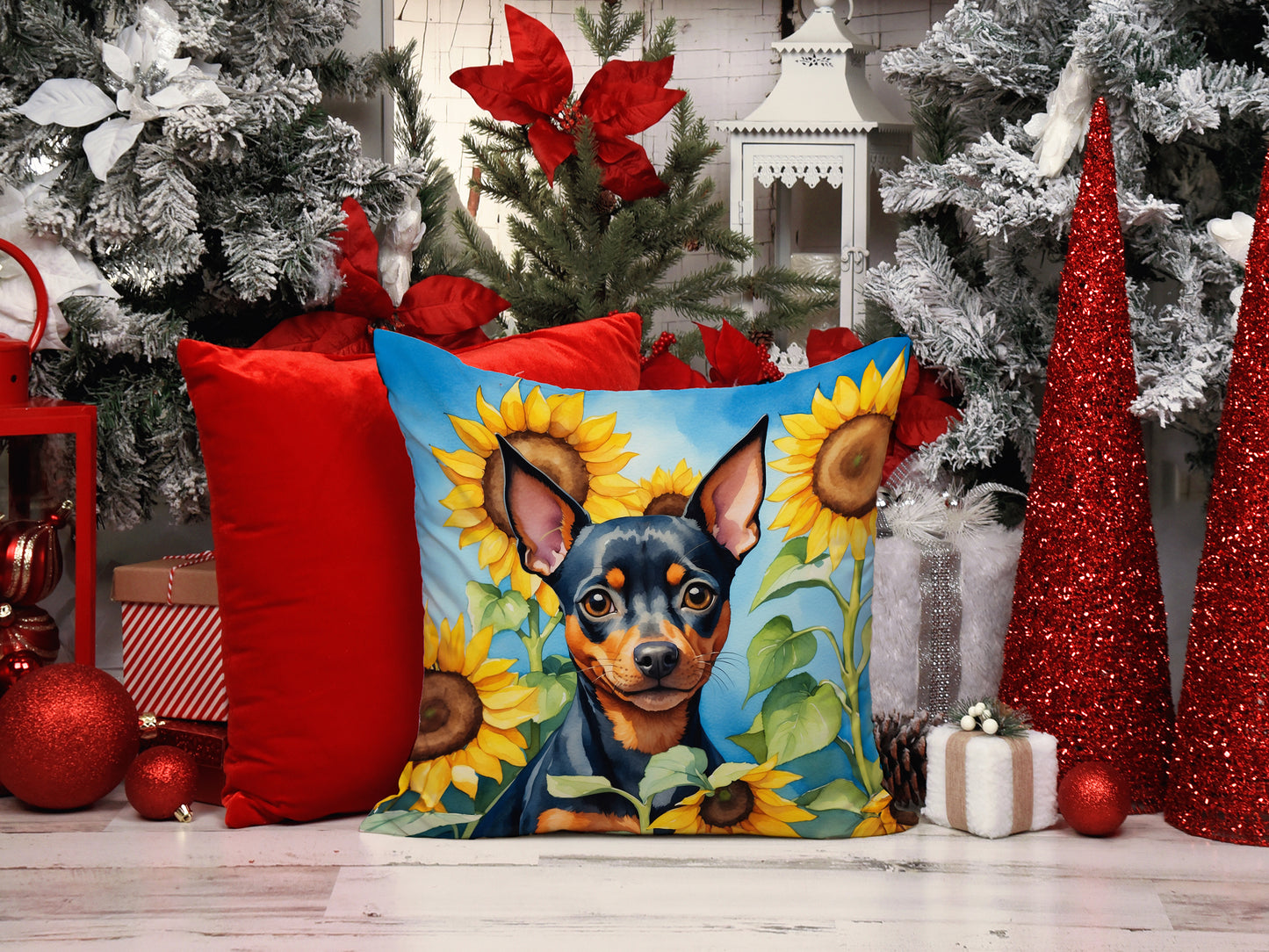 Miniature Pinscher in Sunflowers Throw Pillow