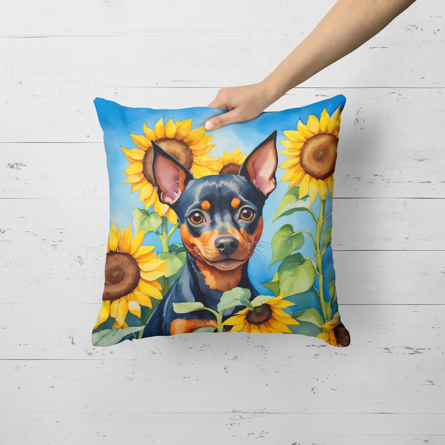 Miniature Pinscher in Sunflowers Throw Pillow