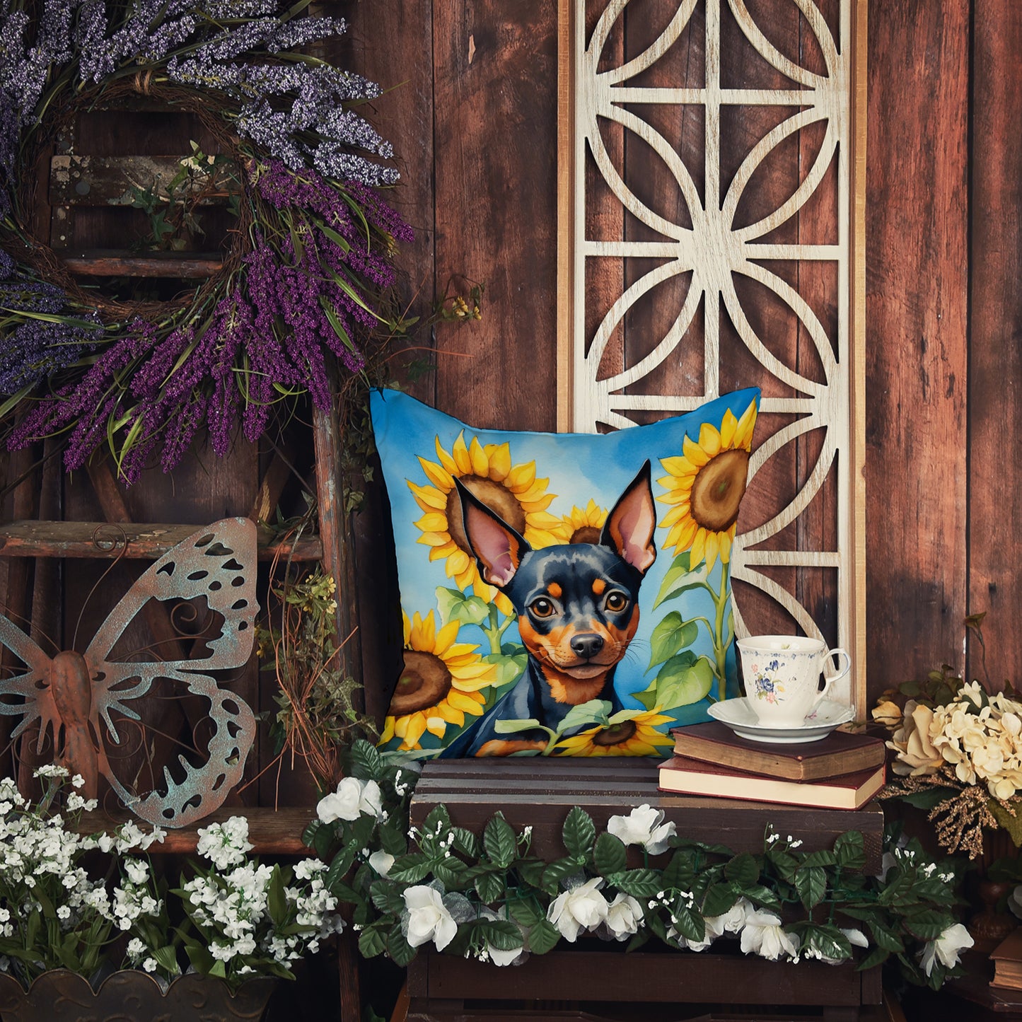 Miniature Pinscher in Sunflowers Throw Pillow