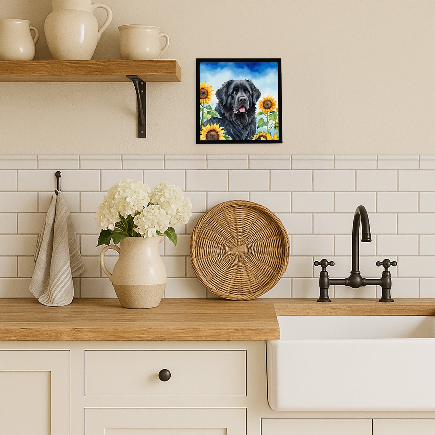 Newfoundland in Sunflowers Framed Metal Print