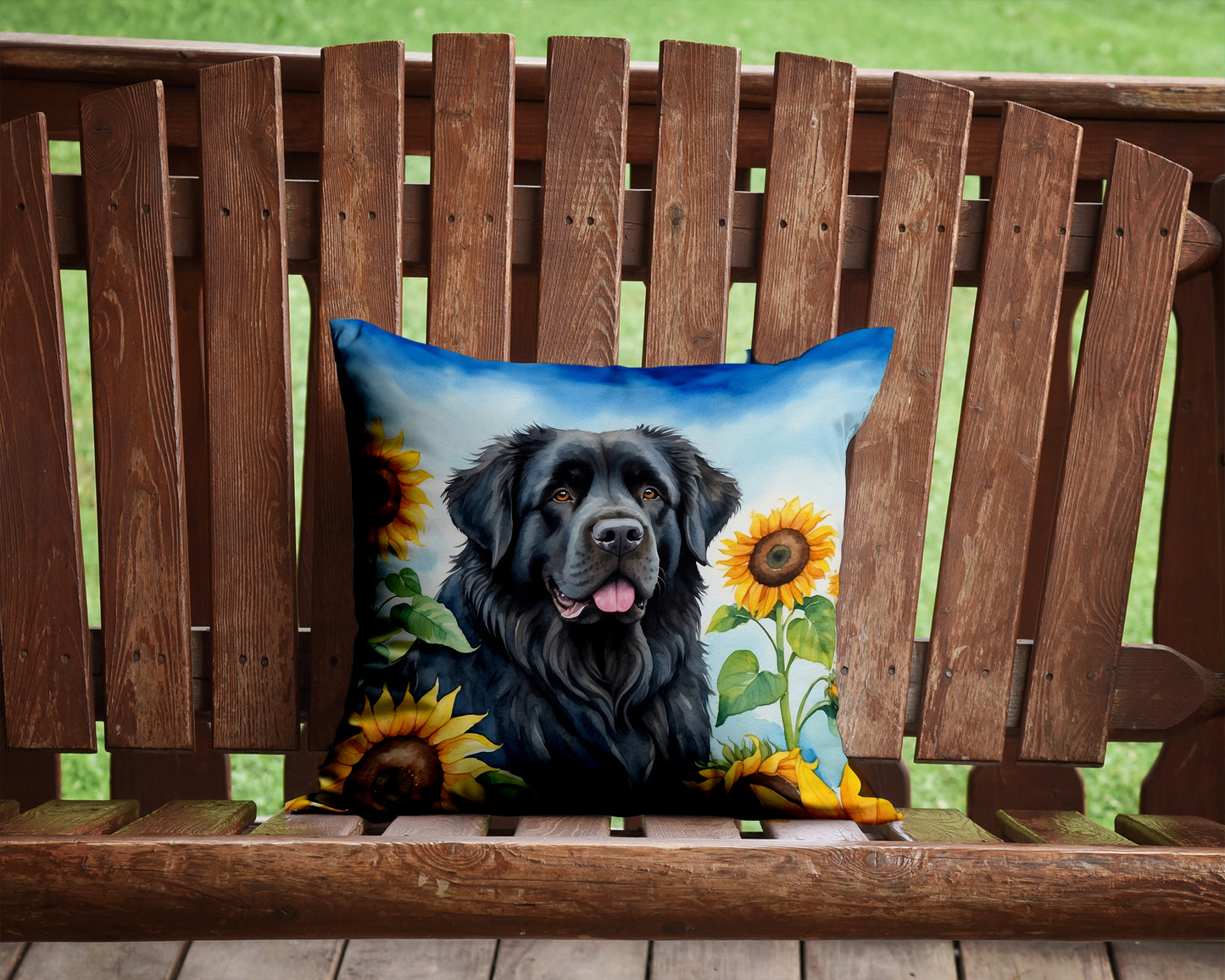 Newfoundland in Sunflowers Throw Pillow