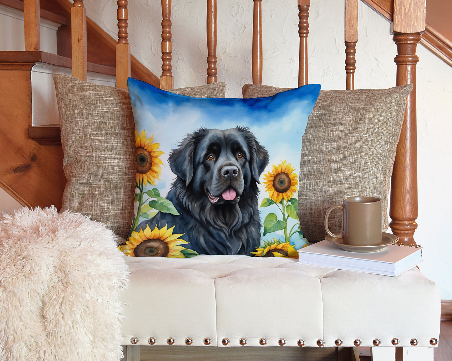 Newfoundland in Sunflowers Throw Pillow