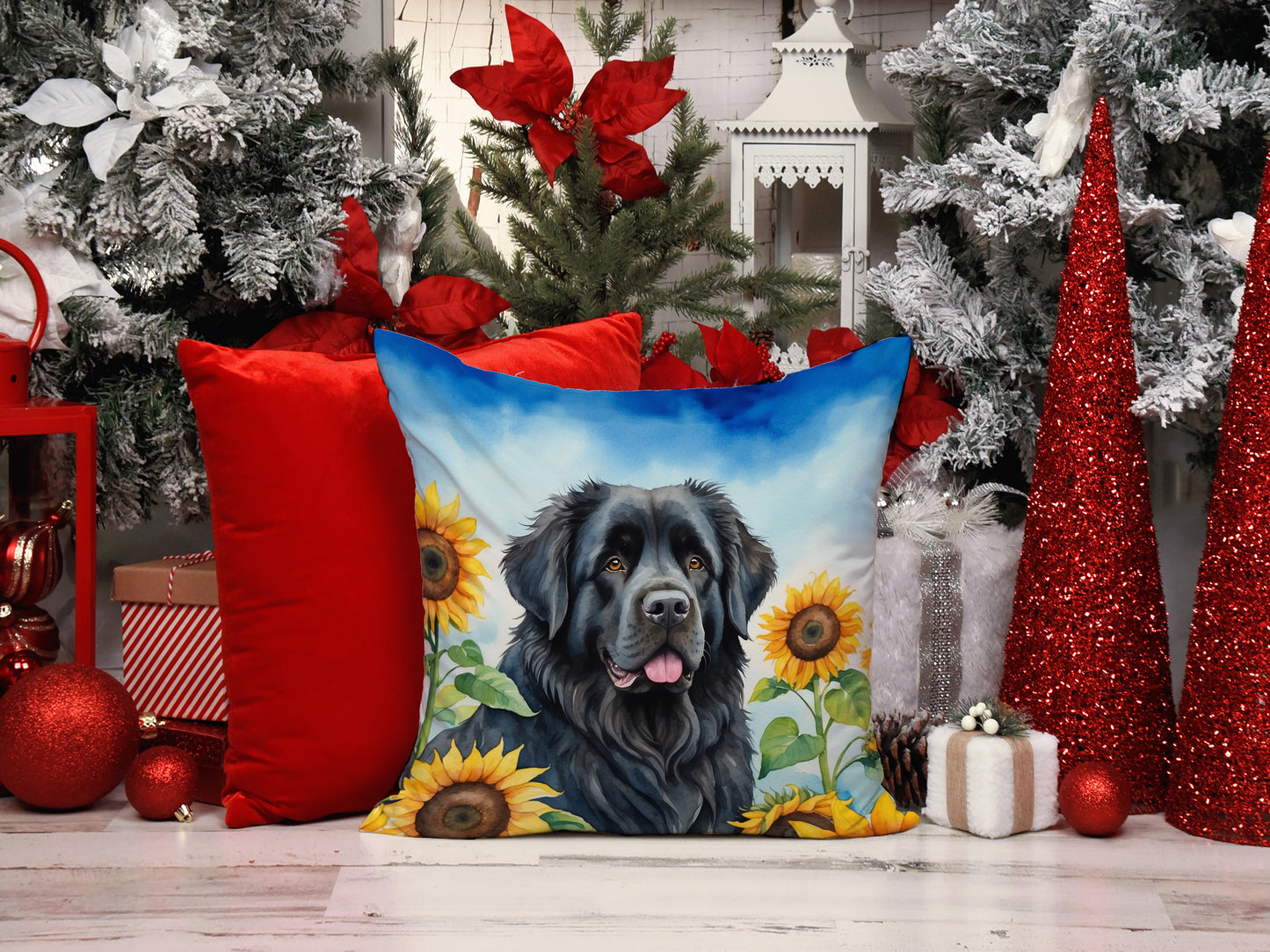 Newfoundland in Sunflowers Throw Pillow