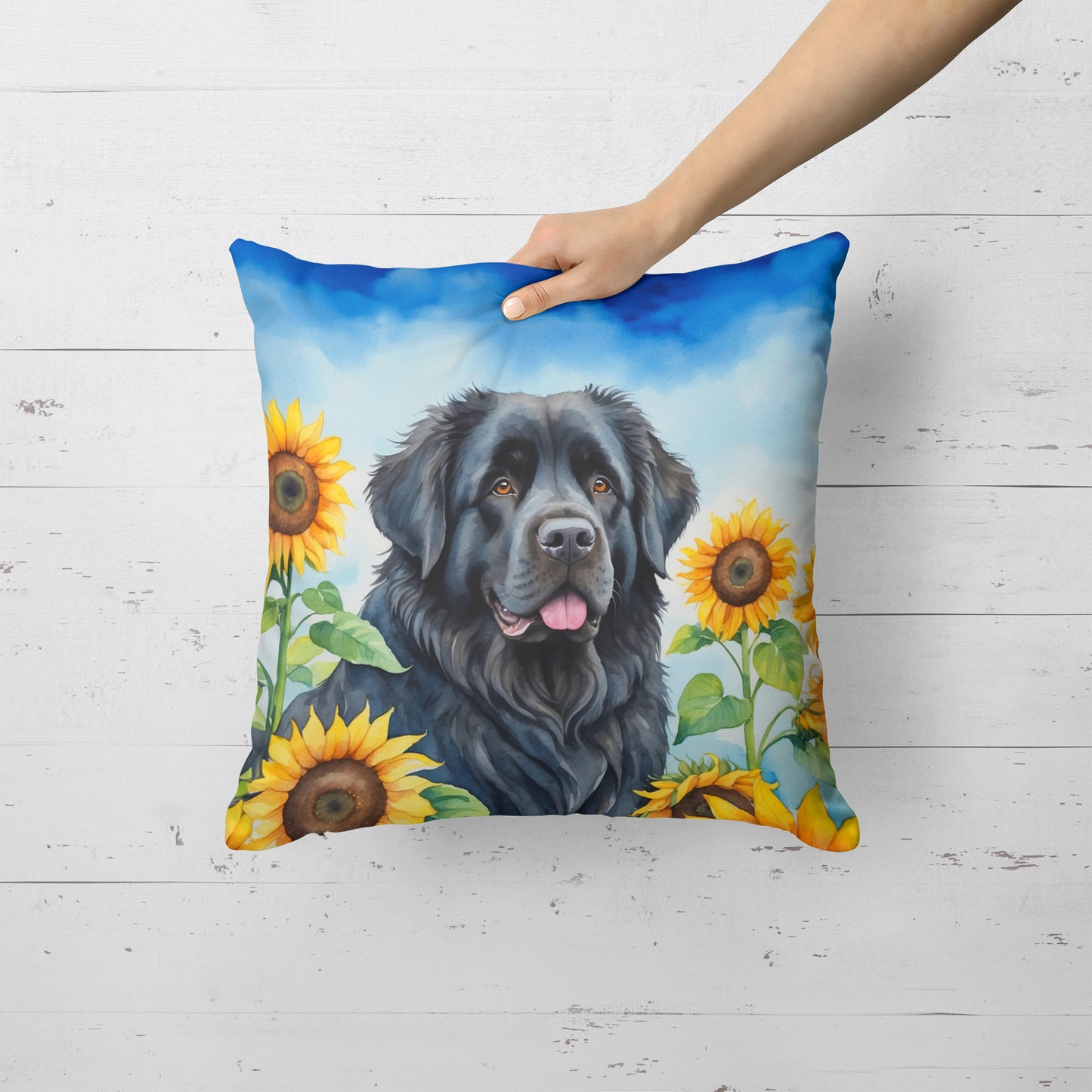 Newfoundland in Sunflowers Throw Pillow