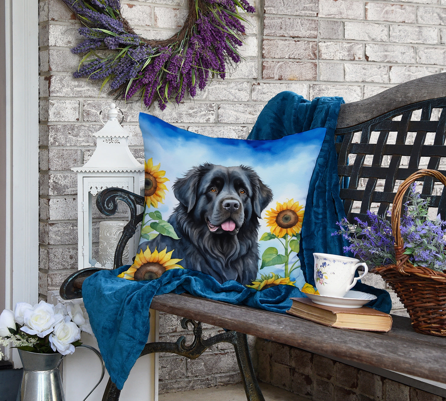 Newfoundland in Sunflowers Throw Pillow