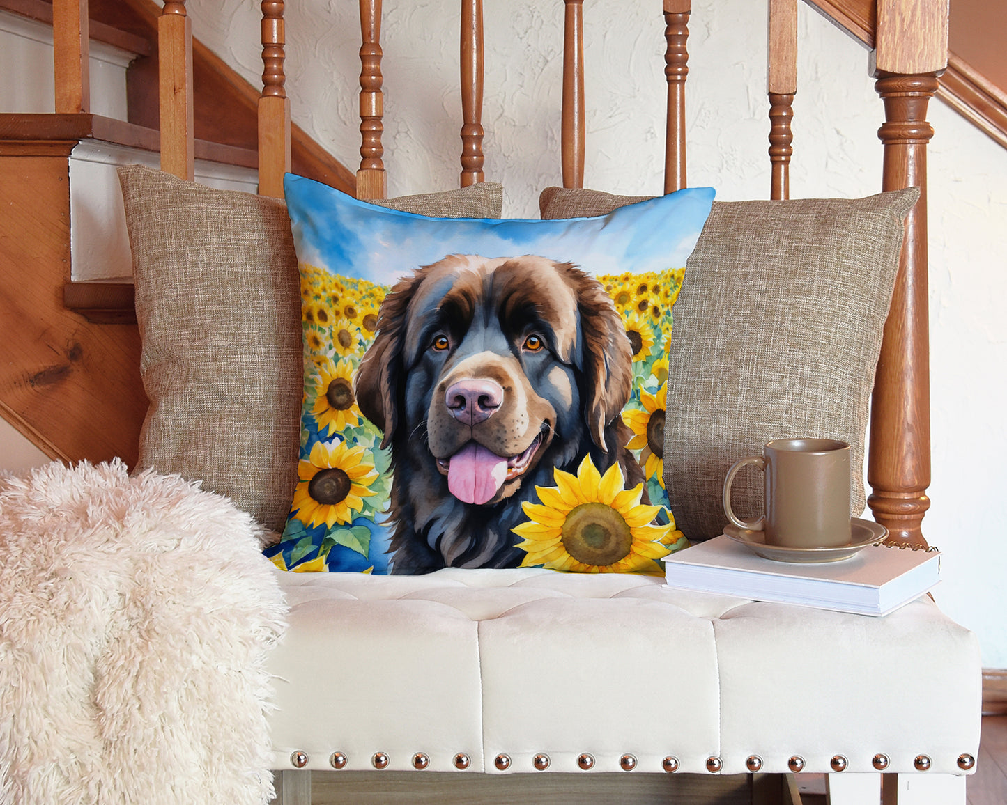 Newfoundland in Sunflowers Throw Pillow