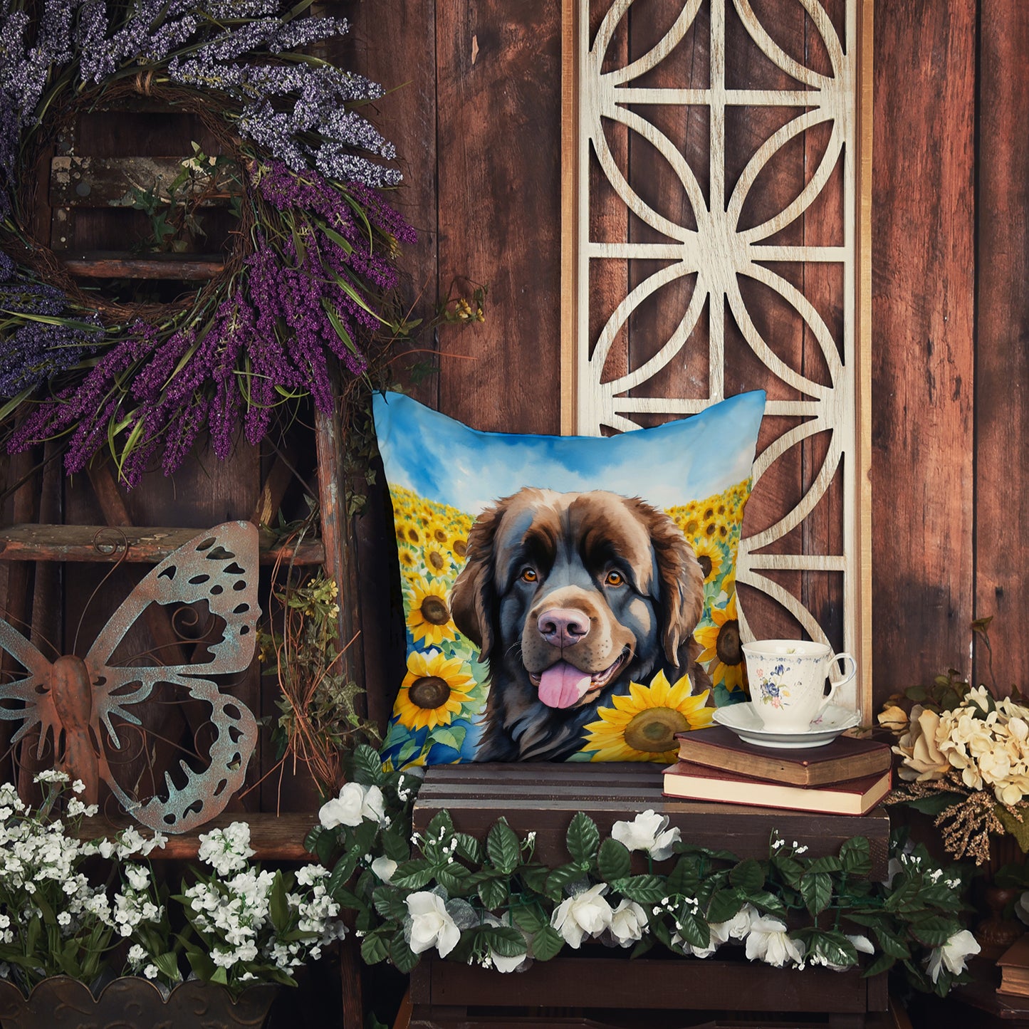 Newfoundland in Sunflowers Throw Pillow