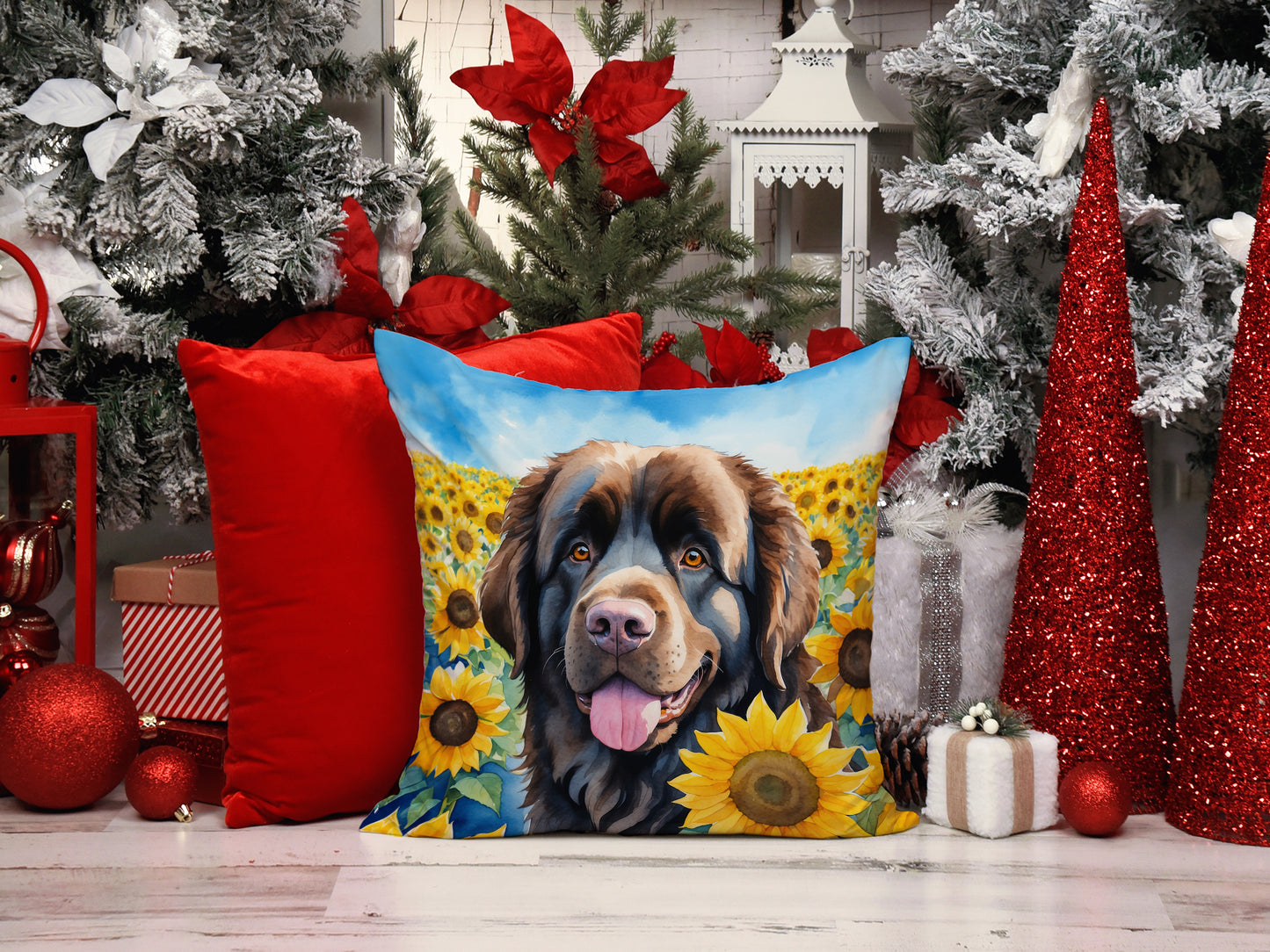 Newfoundland in Sunflowers Throw Pillow