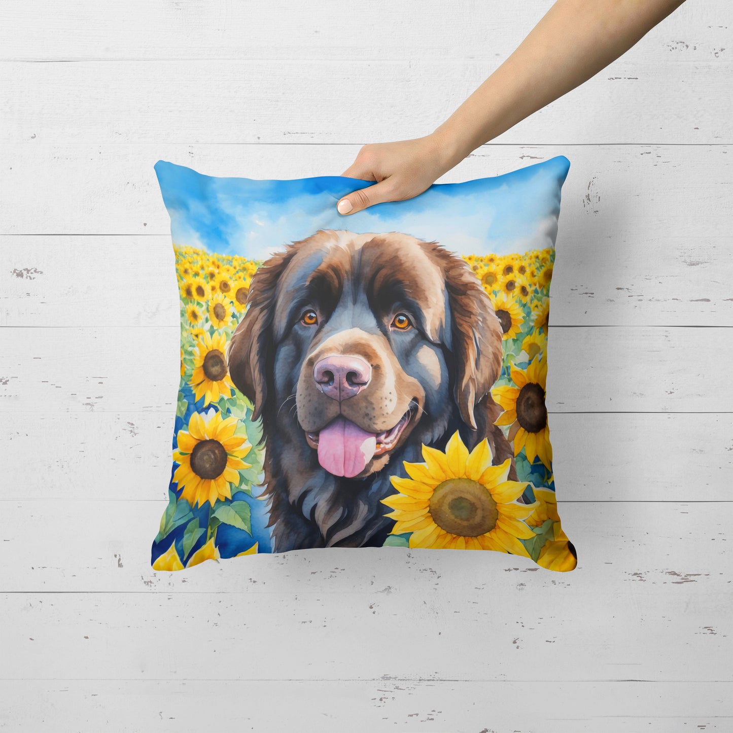 Newfoundland in Sunflowers Throw Pillow