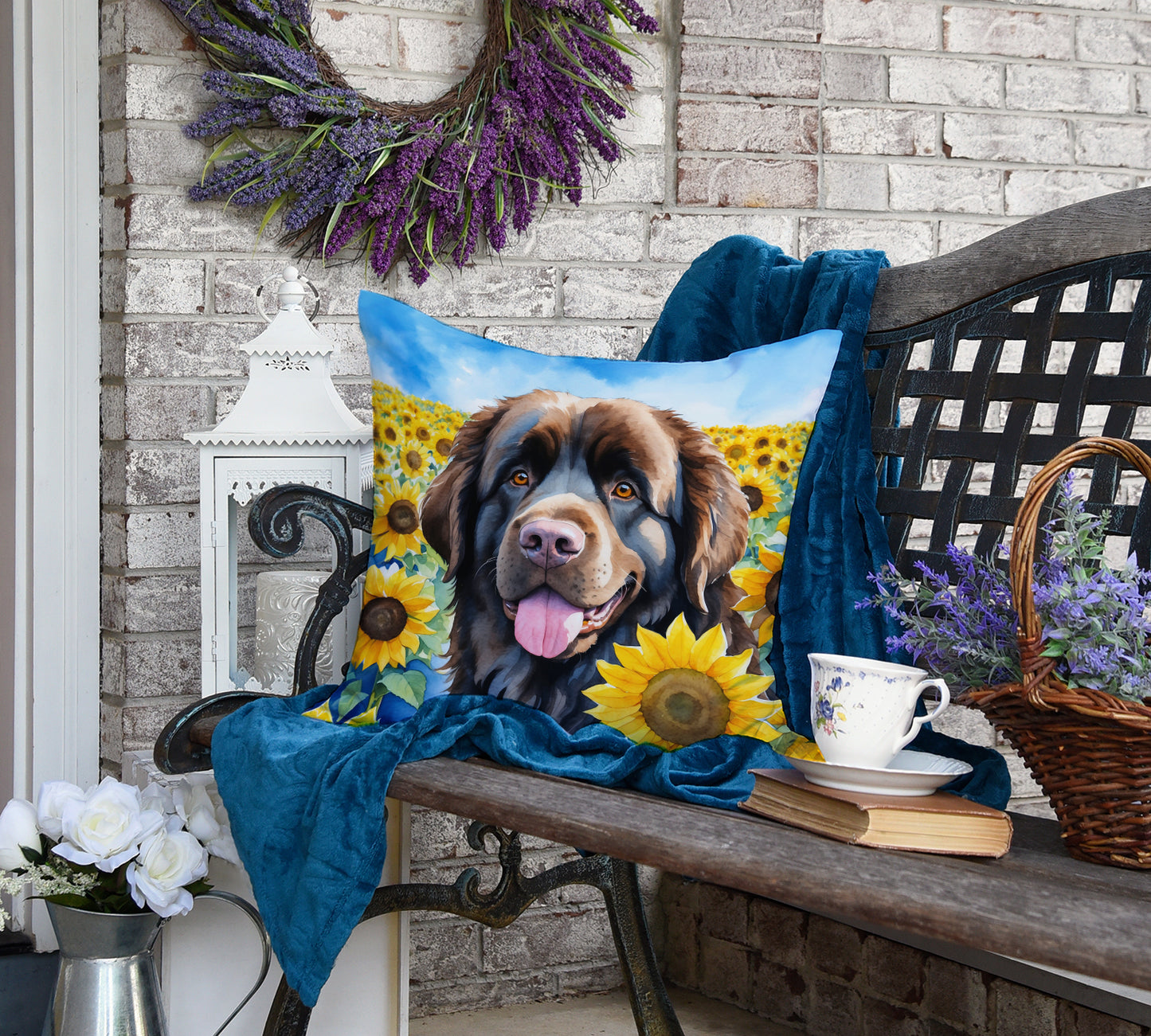 Newfoundland in Sunflowers Throw Pillow