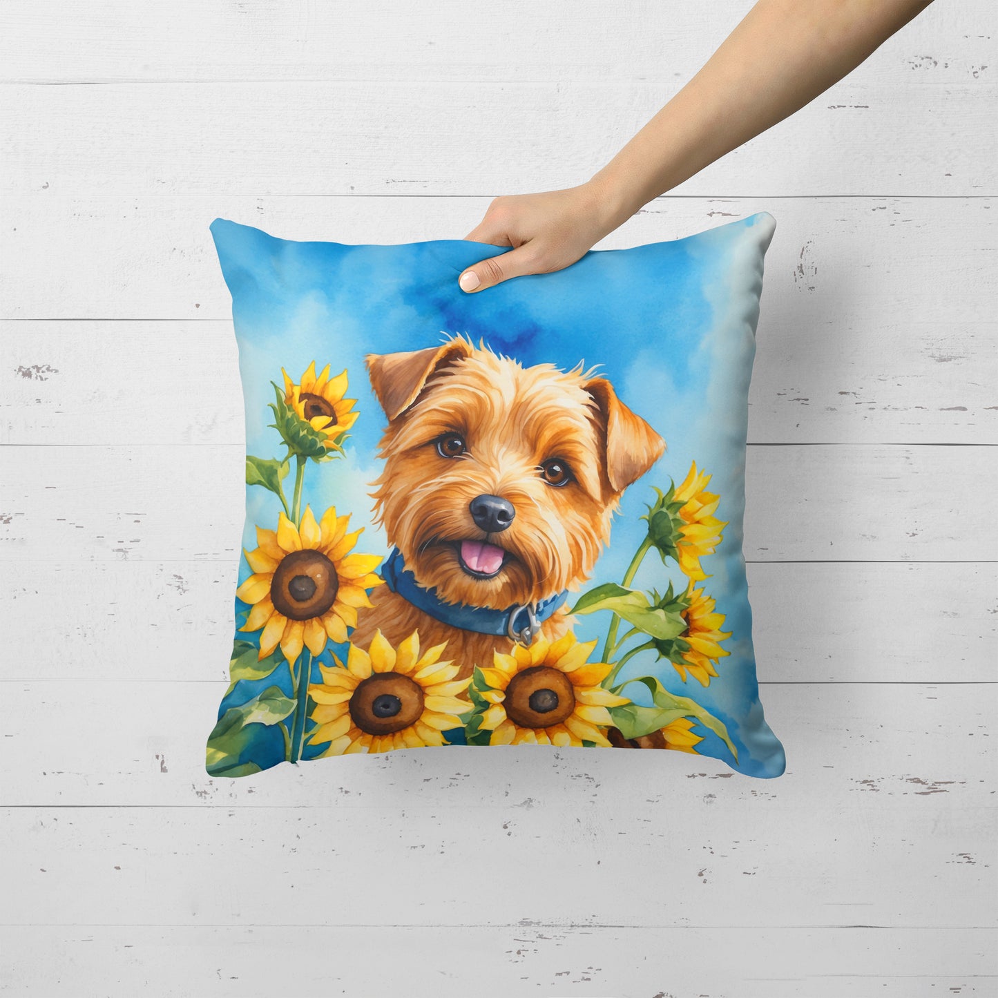 Norfolk Terrier in Sunflowers Throw Pillow