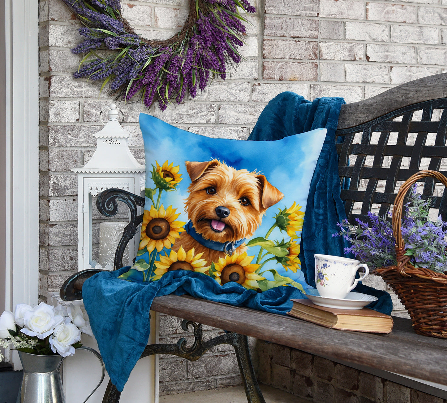 Norfolk Terrier in Sunflowers Throw Pillow