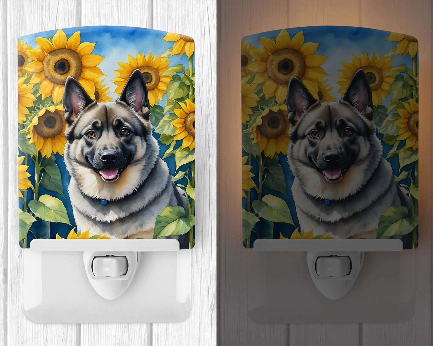 Norwegian Elkhound in Sunflowers Ceramic Night Light