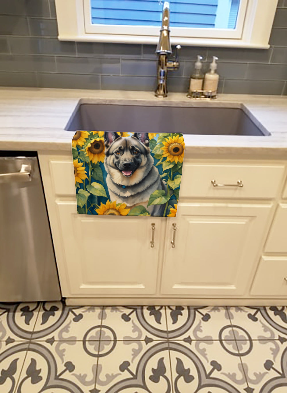 Norwegian Elkhound in Sunflowers Kitchen Towel