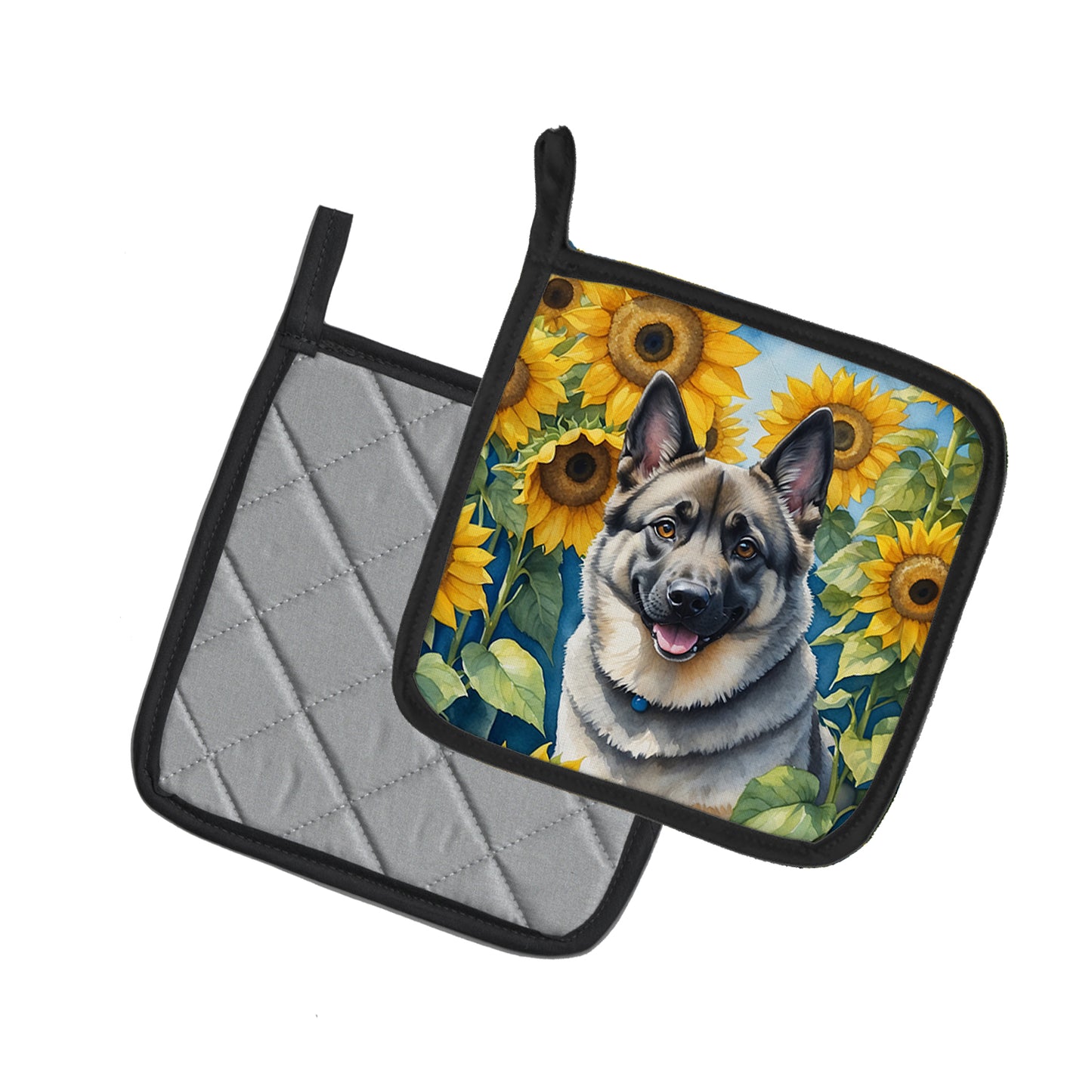 Norwegian Elkhound in Sunflowers Pair of Pot Holders