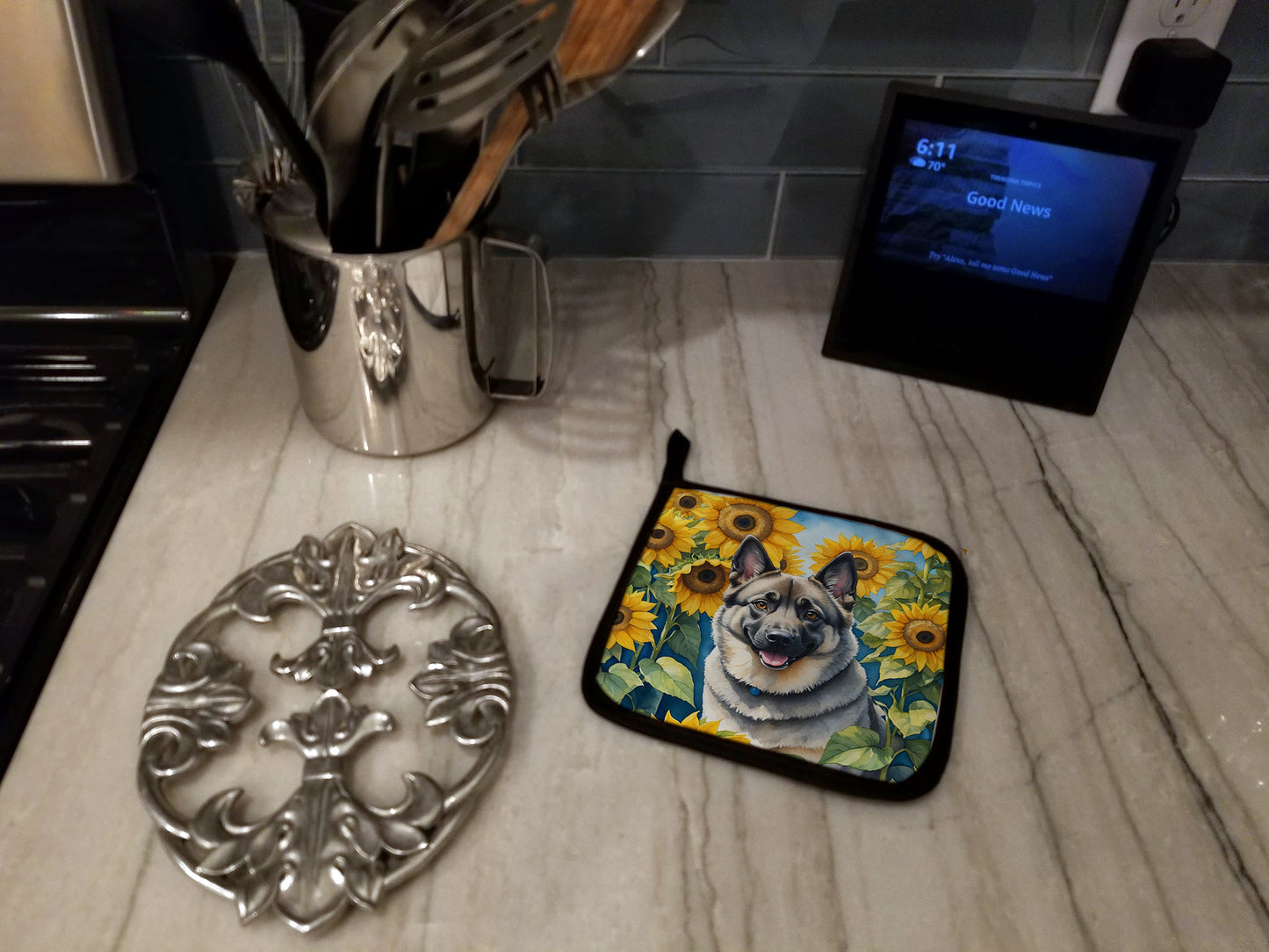 Norwegian Elkhound in Sunflowers Pair of Pot Holders