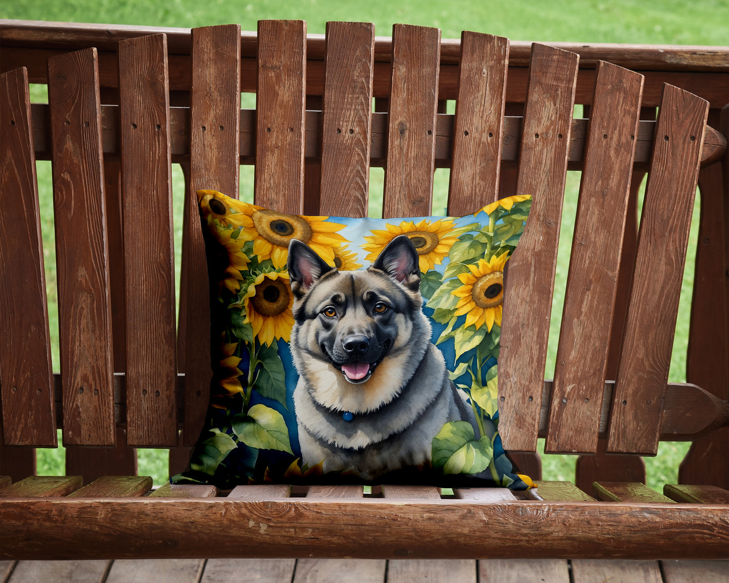 Norwegian Elkhound in Sunflowers Throw Pillow