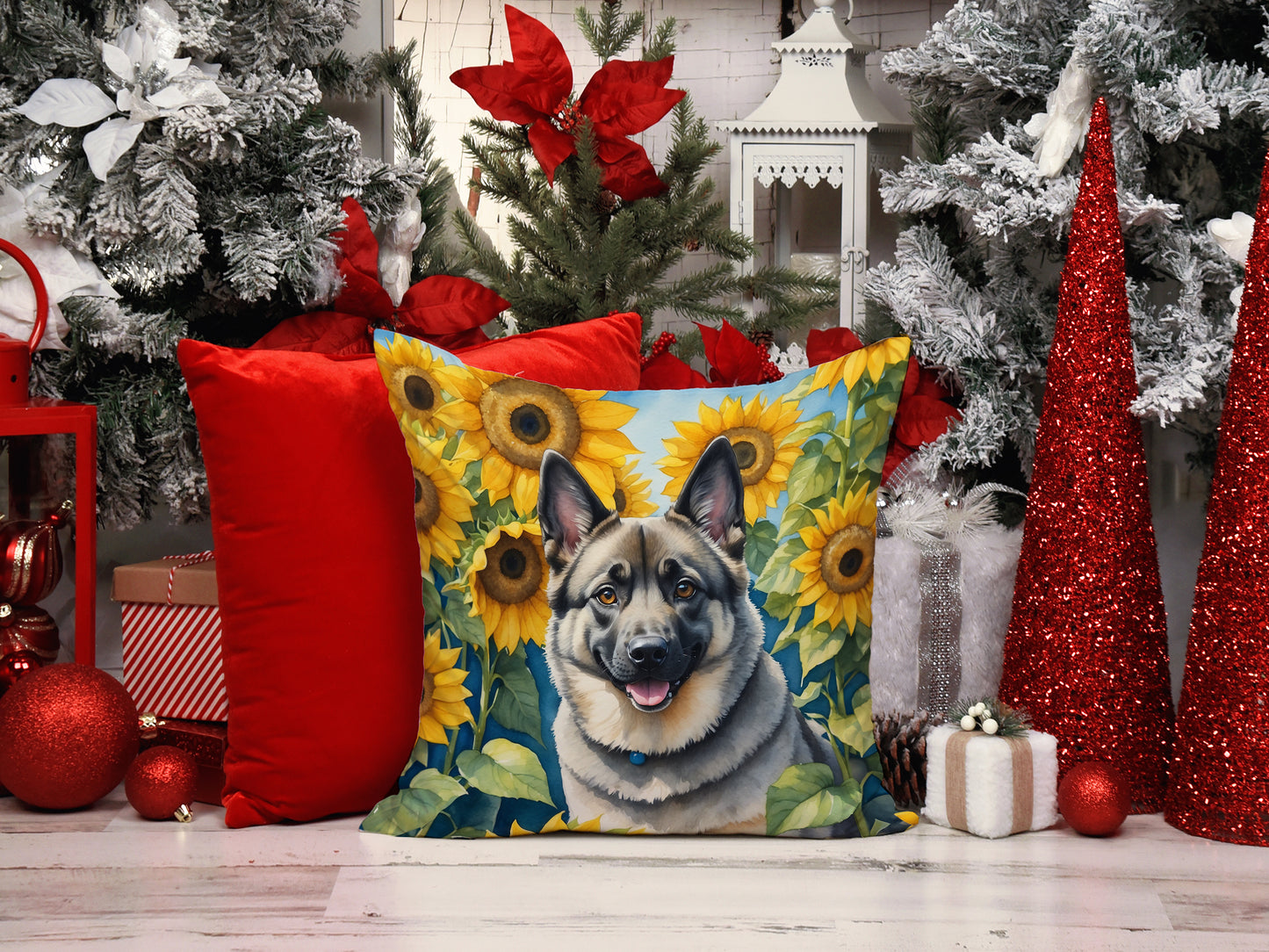 Norwegian Elkhound in Sunflowers Throw Pillow