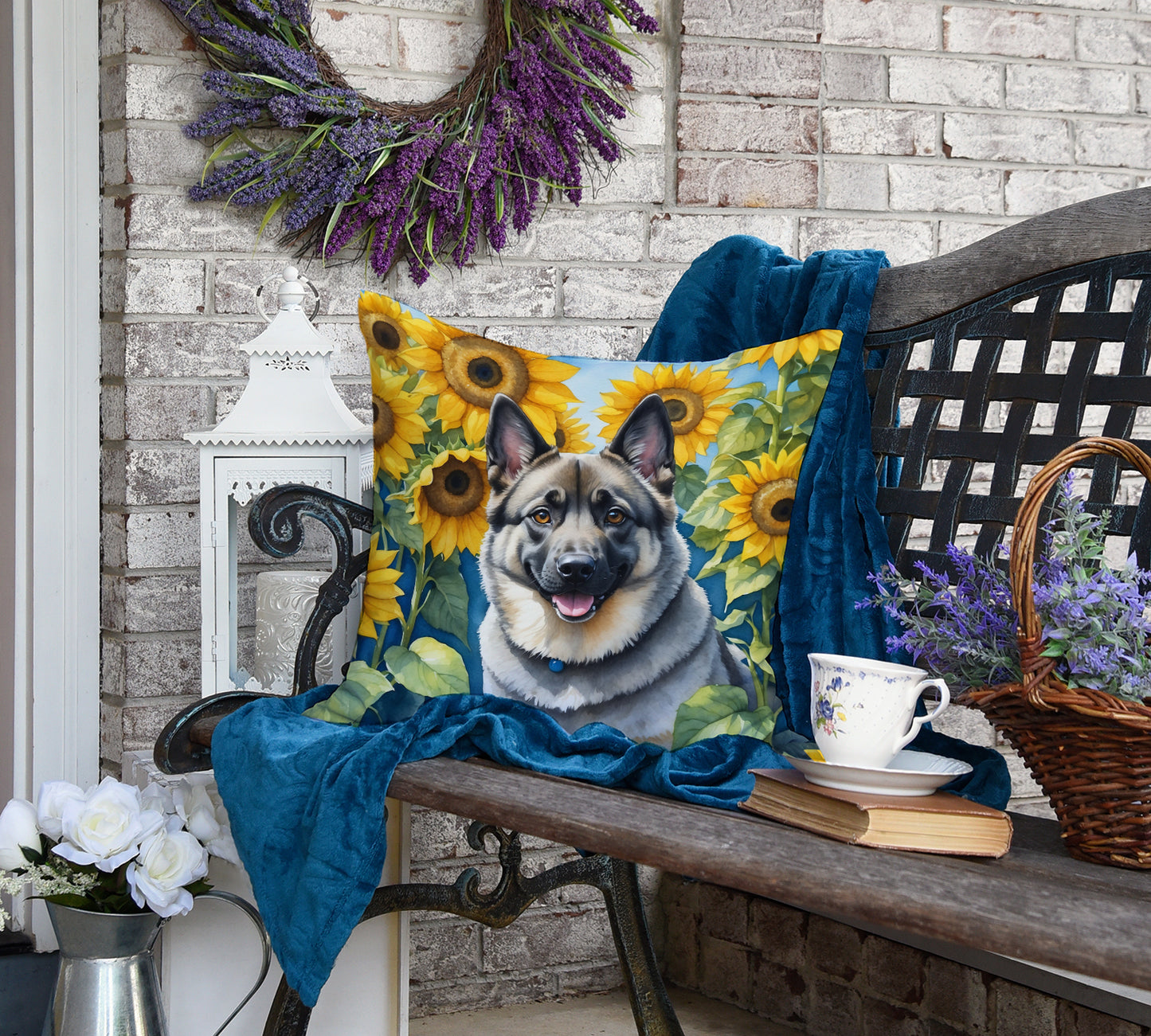 Norwegian Elkhound in Sunflowers Throw Pillow