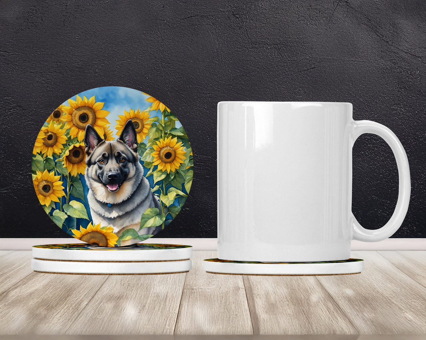 Norwegian Elkhound in Sunflowers Large Sandstone Coasters Pack of 4