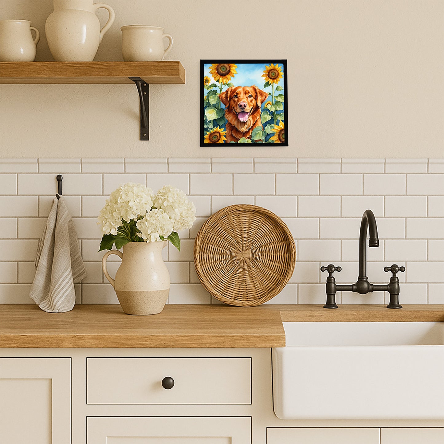 Nova Scotia Duck Toller in Sunflowers Framed Metal Print