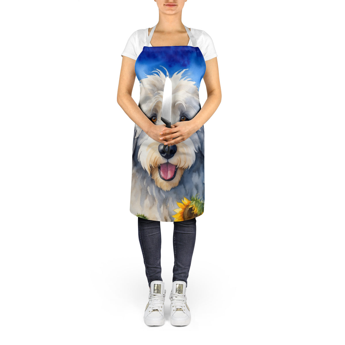 Old English Sheepdog in Sunflowers Apron