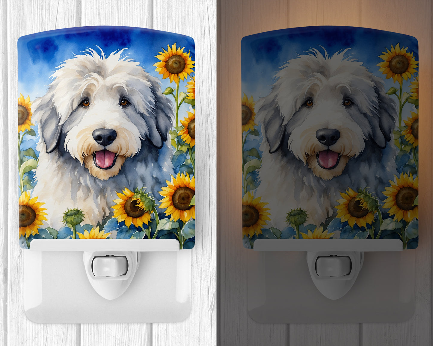 Old English Sheepdog in Sunflowers Ceramic Night Light