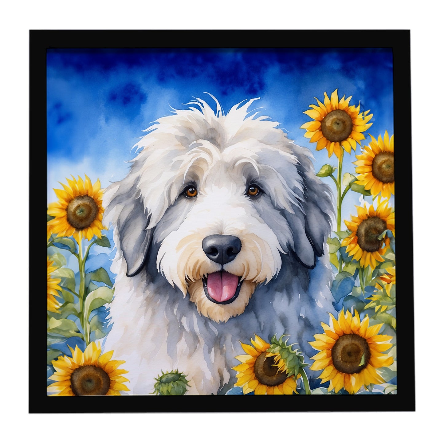 Buy this Old English Sheepdog in Sunflowers Framed Metal Print