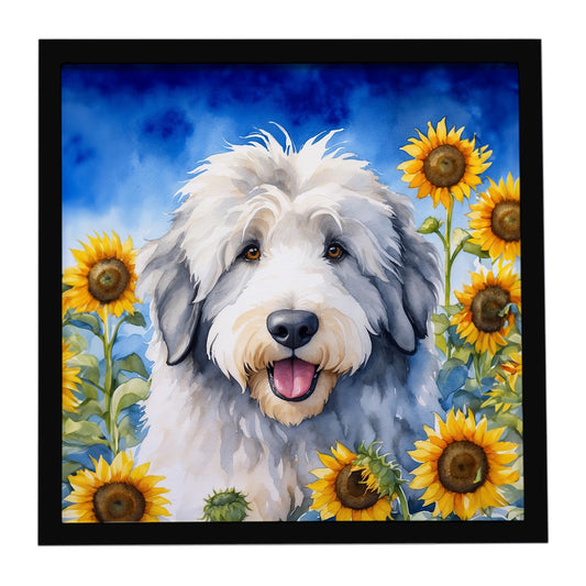 Buy this Old English Sheepdog in Sunflowers Framed Metal Print