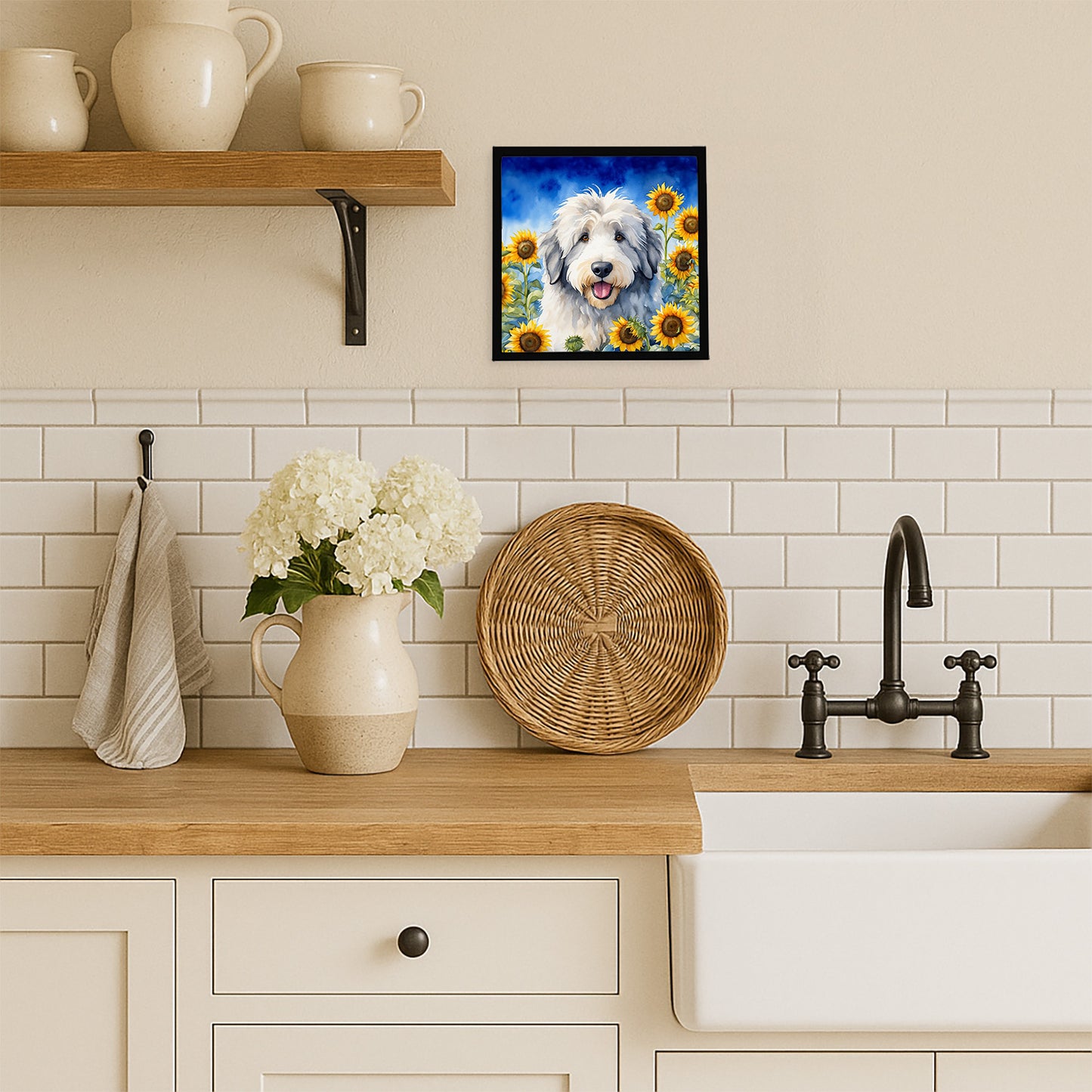 Old English Sheepdog in Sunflowers Framed Metal Print