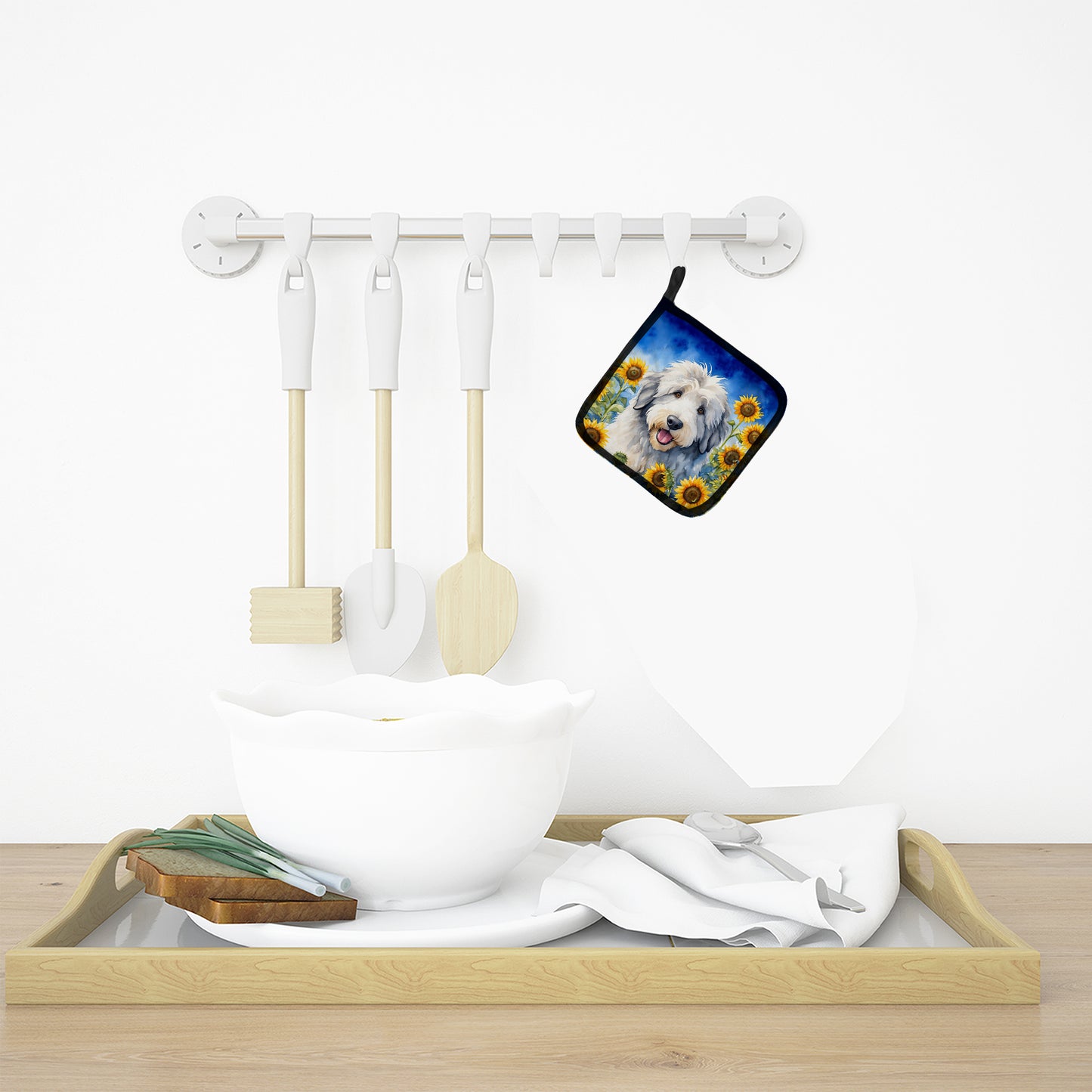 Old English Sheepdog in Sunflowers Pair of Pot Holders