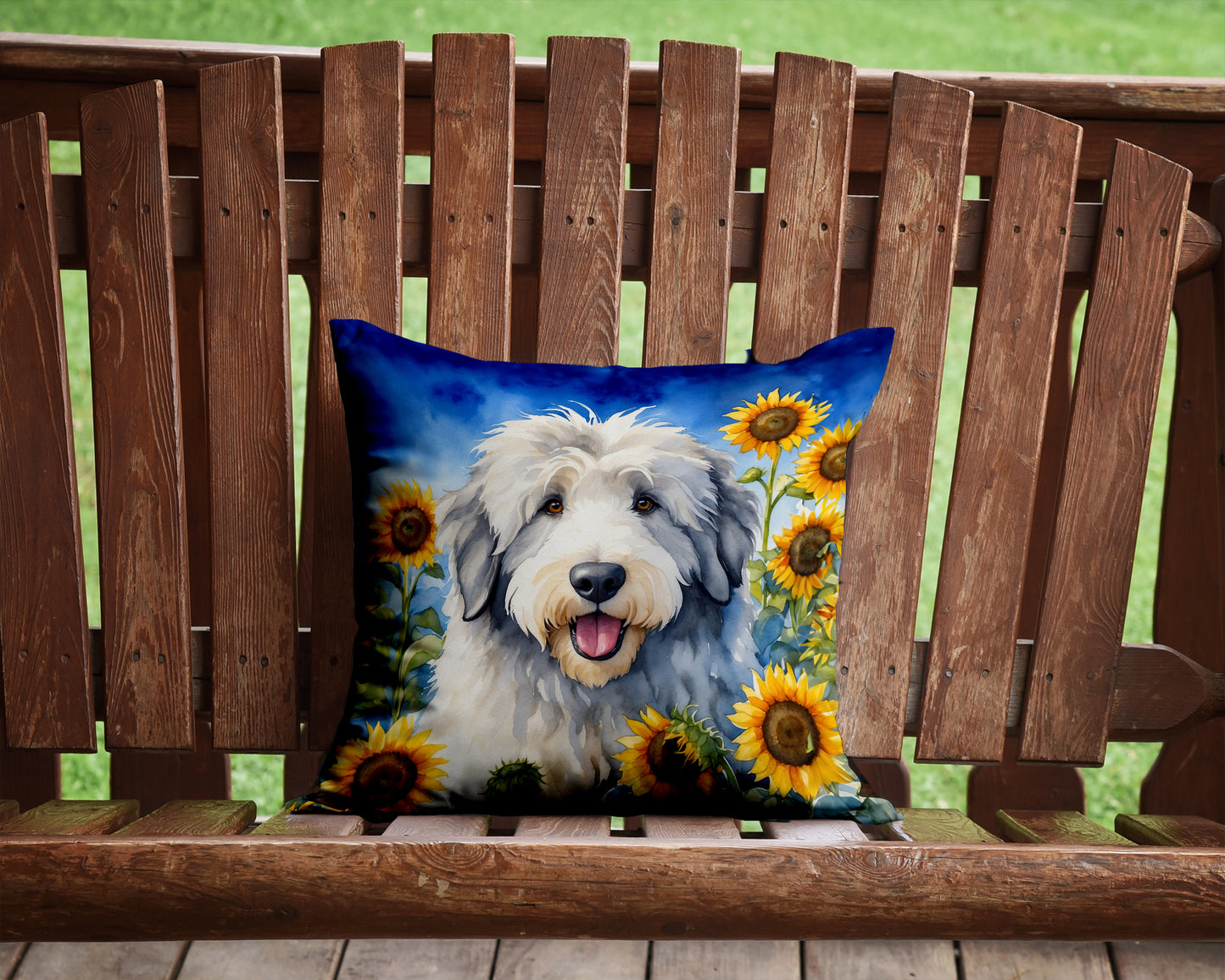 Old English Sheepdog in Sunflowers Throw Pillow