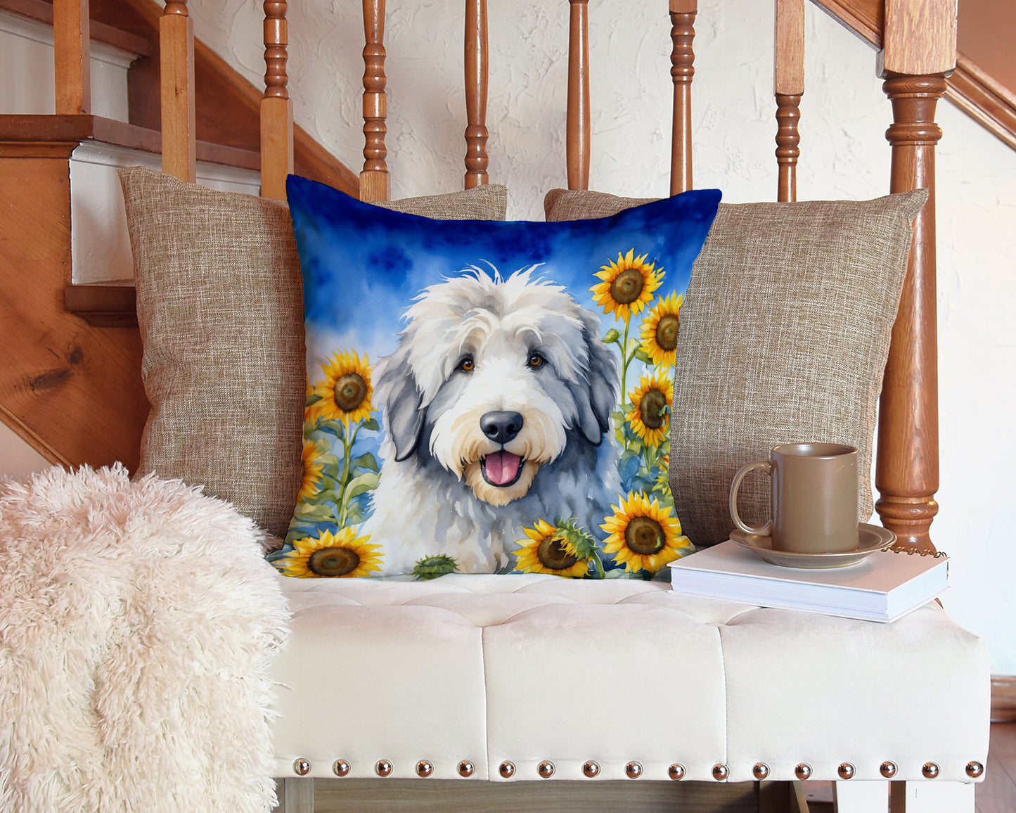 Old English Sheepdog in Sunflowers Throw Pillow