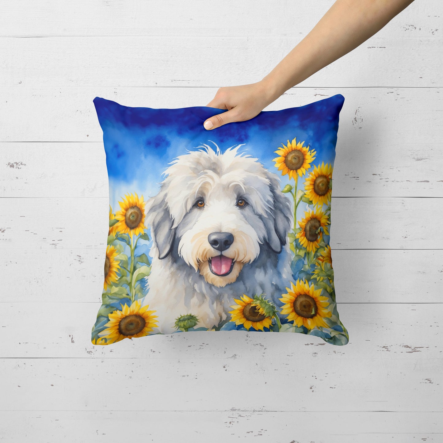 Old English Sheepdog in Sunflowers Throw Pillow